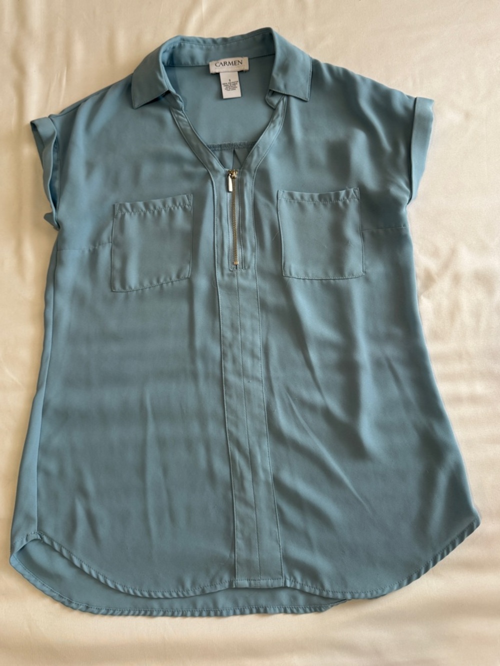 Blue Zip-Front Cap Sleeve Blouse